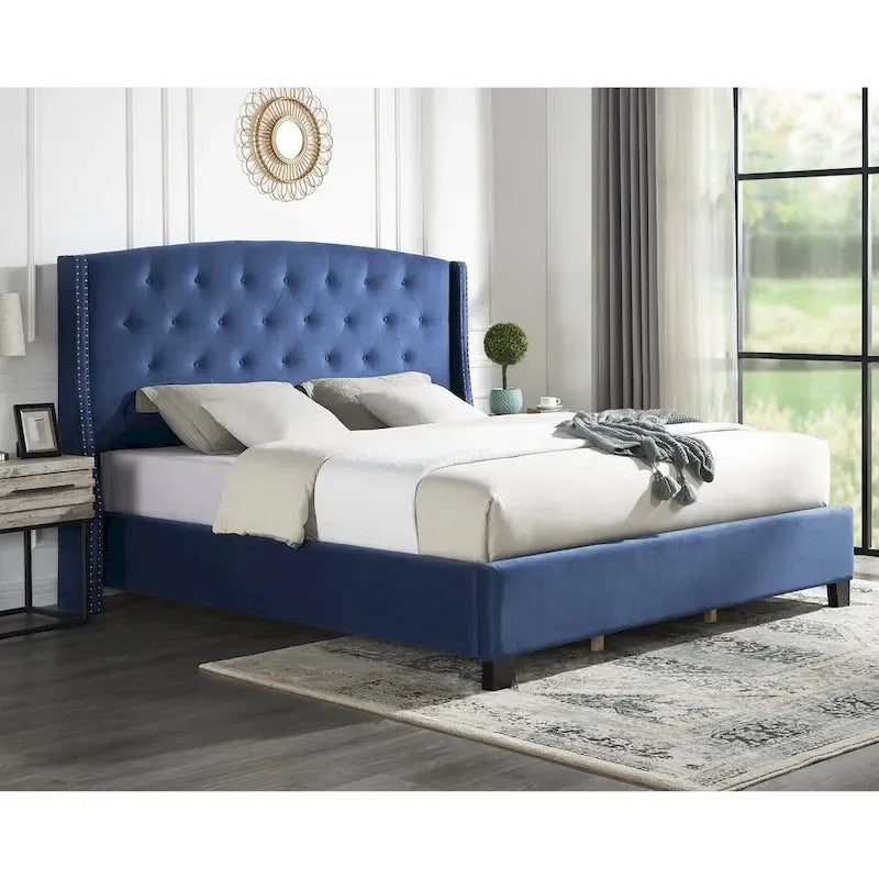 Roundhill Furniture Summit Wingback Tufted Upholstered Bed with Nailhead