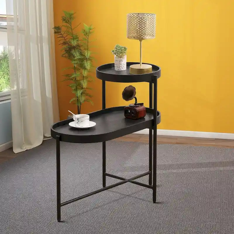 Minimalist Design Two-Tier Side Table with Adjustable Foot Pads, Black