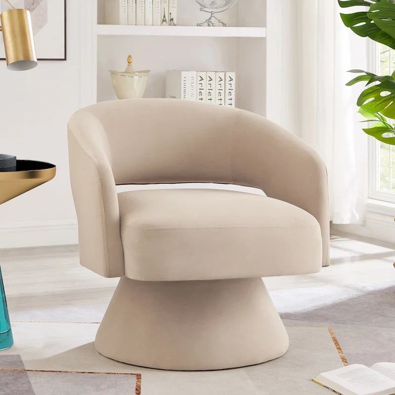 Fauteuil pivotant moderne de style tonneau, fauteuil d'appoint rond en velours rembourré, fauteuil pivotant confortable à 360 degrés avec dossier ouvert