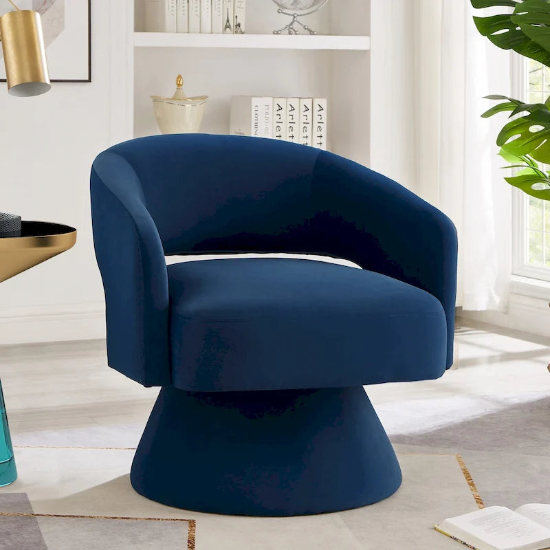 Fauteuil pivotant moderne de style tonneau, fauteuil d'appoint rond en velours rembourré, fauteuil pivotant confortable à 360 degrés avec dossier ouvert