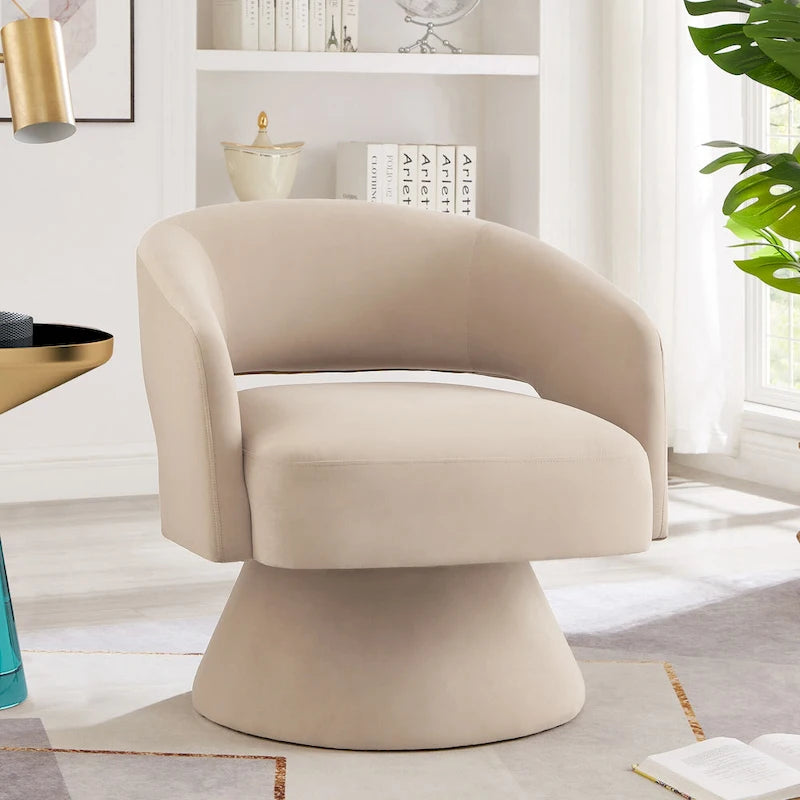 Fauteuil pivotant moderne de style tonneau, fauteuil d'appoint rond en velours rembourré, fauteuil pivotant confortable à 360 degrés avec dossier ouvert