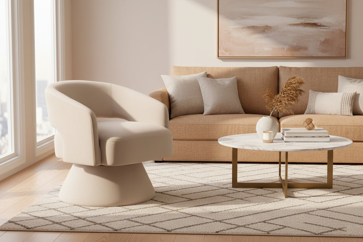 Fauteuil pivotant moderne de style tonneau, fauteuil d'appoint rond en velours rembourré, fauteuil pivotant confortable à 360 degrés avec dossier ouvert