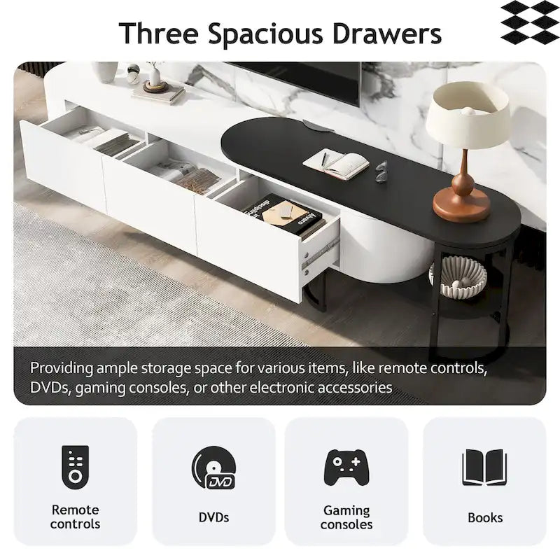 Meuble TV extensible 67,7-76,4 pour téléviseurs jusqu'à 75 pouces, console multimédia avec 3 tiroirs et pieds réglables en métal.