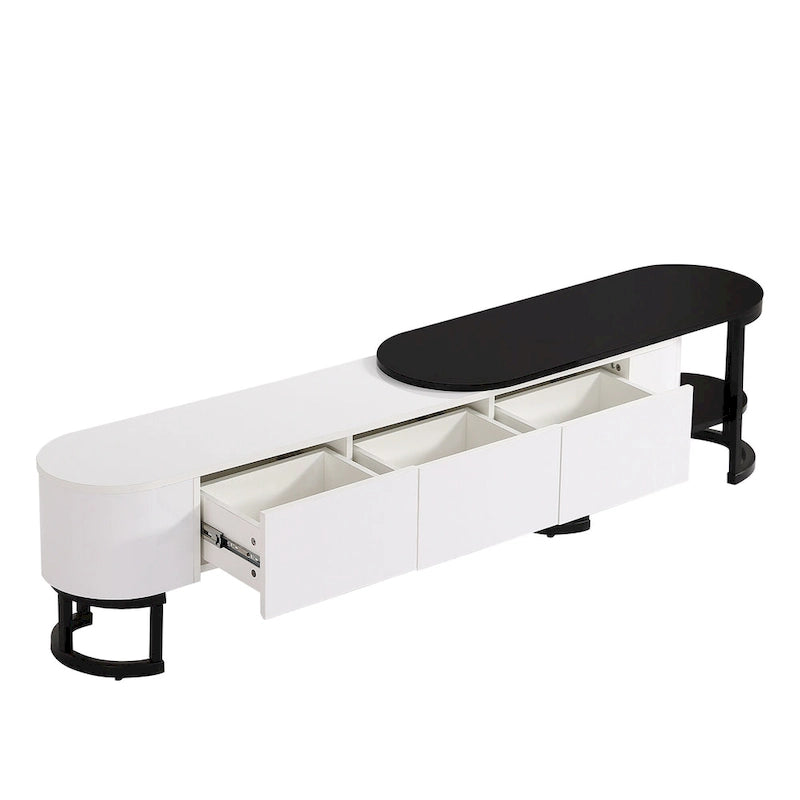 Meuble TV extensible 67,7-76,4 pour téléviseurs jusqu'à 75 pouces, console multimédia avec 3 tiroirs et pieds réglables en métal.