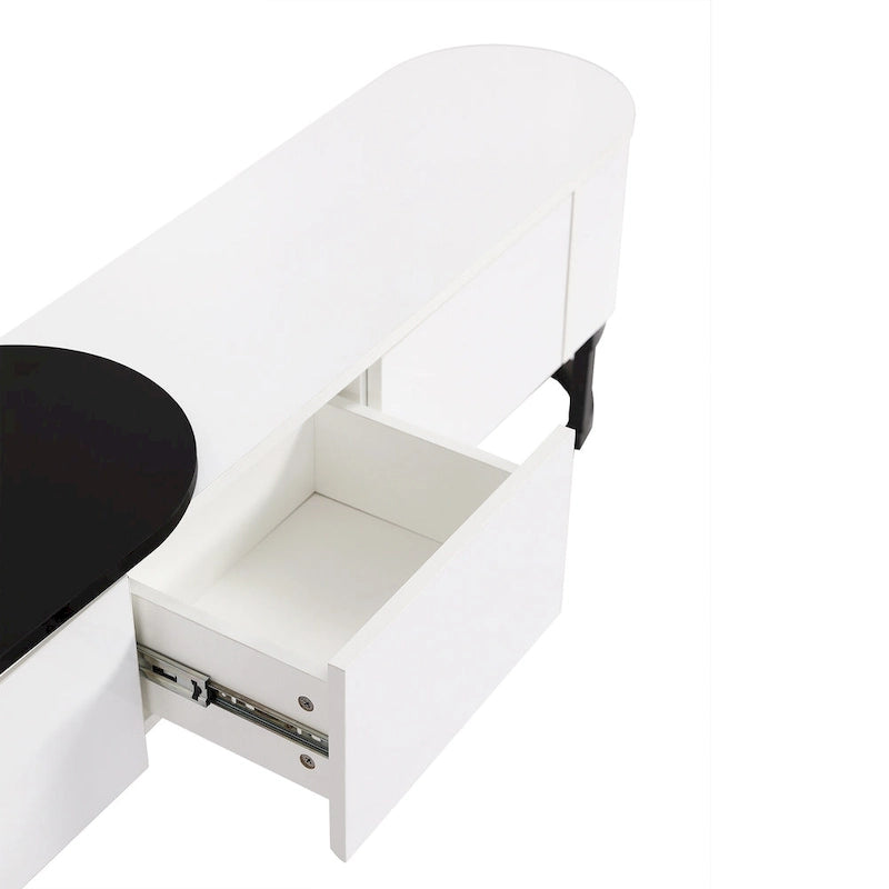 Meuble TV extensible 67,7-76,4 pour téléviseurs jusqu'à 75 pouces, console multimédia avec 3 tiroirs et pieds réglables en métal.