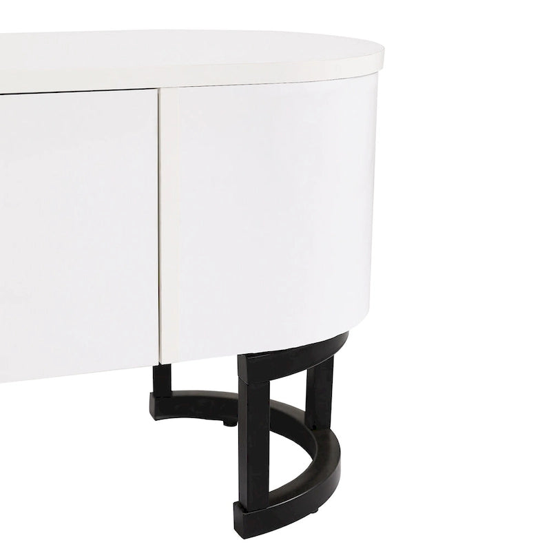 Meuble TV extensible 67,7-76,4 pour téléviseurs jusqu'à 75 pouces, console multimédia avec 3 tiroirs et pieds réglables en métal.