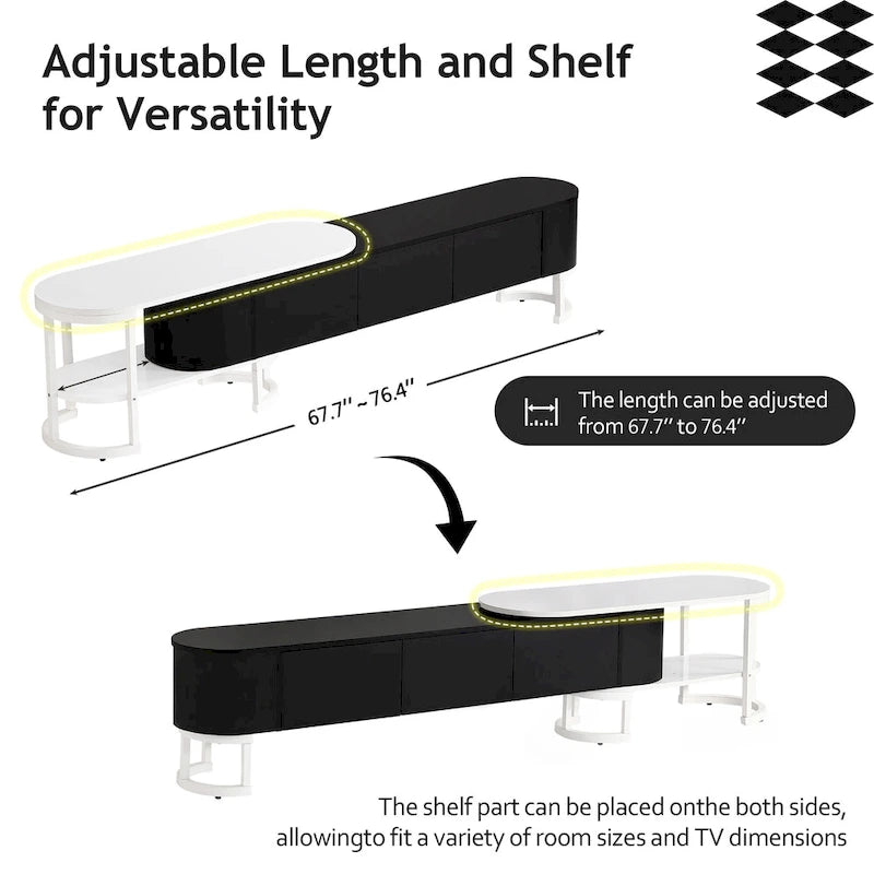 Meuble TV extensible 67,7-76,4 pour téléviseurs jusqu'à 75 pouces, console multimédia avec 3 tiroirs et pieds réglables en métal.