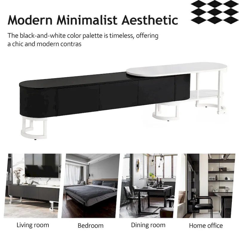 Meuble TV extensible 67,7-76,4 pour téléviseurs jusqu'à 75 pouces, console multimédia avec 3 tiroirs et pieds réglables en métal.