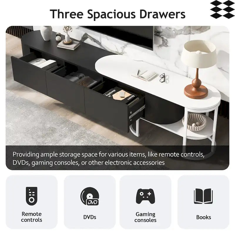 Meuble TV extensible 67,7-76,4 pour téléviseurs jusqu'à 75 pouces, console multimédia avec 3 tiroirs et pieds réglables en métal.