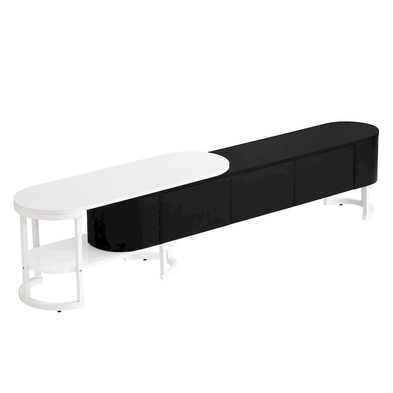 Meuble TV extensible 67,7-76,4 pour téléviseurs jusqu'à 75 pouces, console multimédia avec 3 tiroirs et pieds réglables en métal.