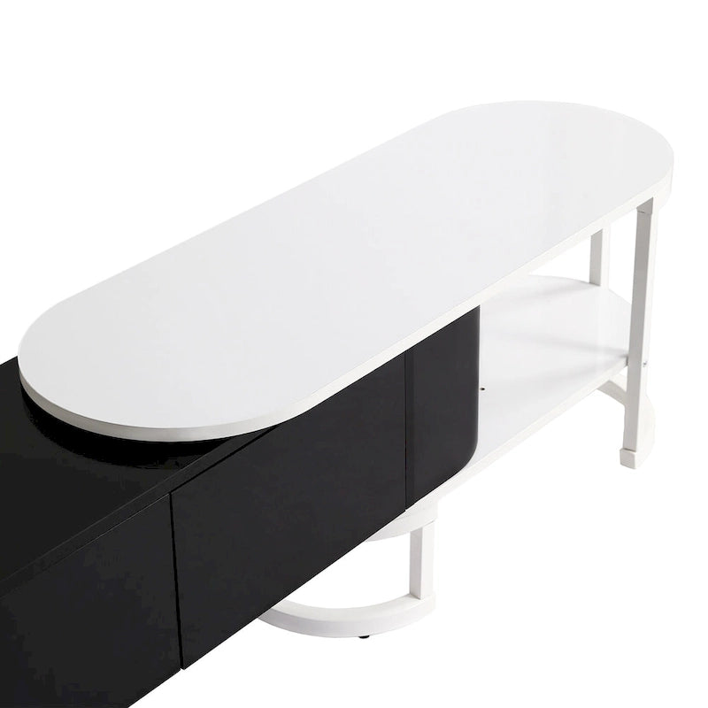 Meuble TV extensible 67,7-76,4 pour téléviseurs jusqu'à 75 pouces, console multimédia avec 3 tiroirs et pieds réglables en métal.