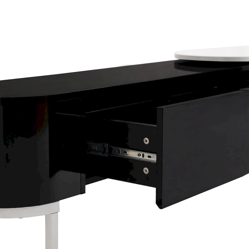 Meuble TV extensible 67,7-76,4 pour téléviseurs jusqu'à 75 pouces, console multimédia avec 3 tiroirs et pieds réglables en métal.