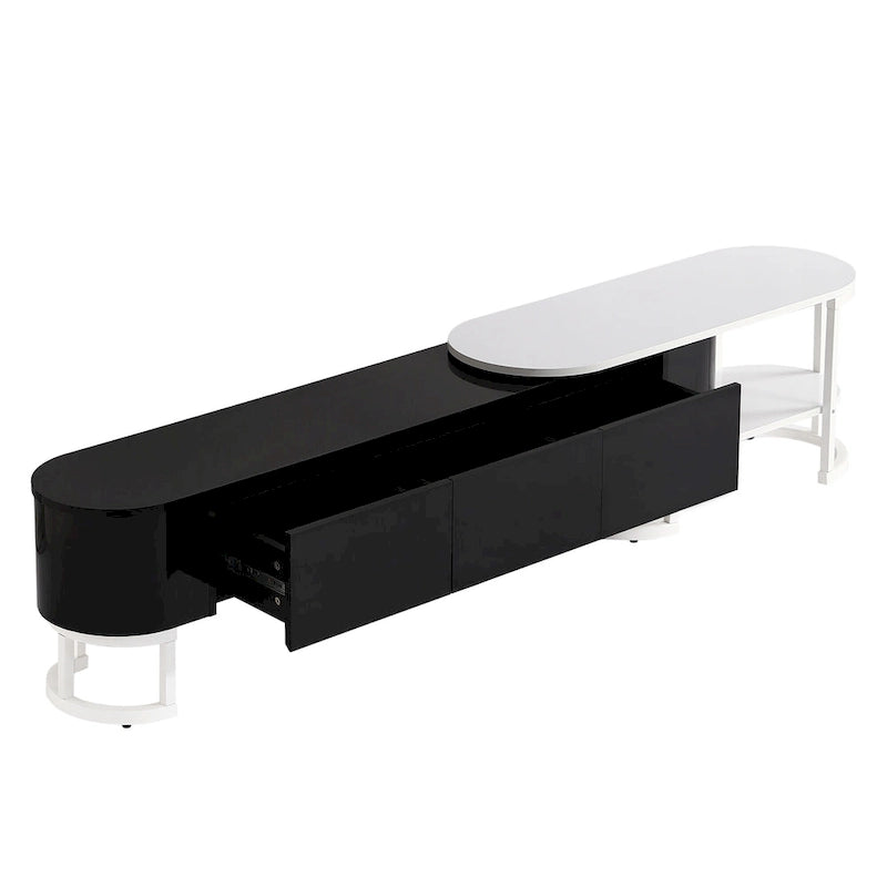 Meuble TV extensible 67,7-76,4 pour téléviseurs jusqu'à 75 pouces, console multimédia avec 3 tiroirs et pieds réglables en métal.