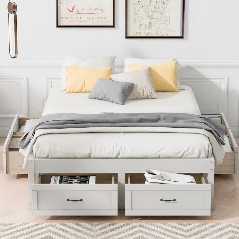 Lit plateforme double avec 6 tiroirs de rangement, blanc antique, design élégant pour une chambre bien rangée