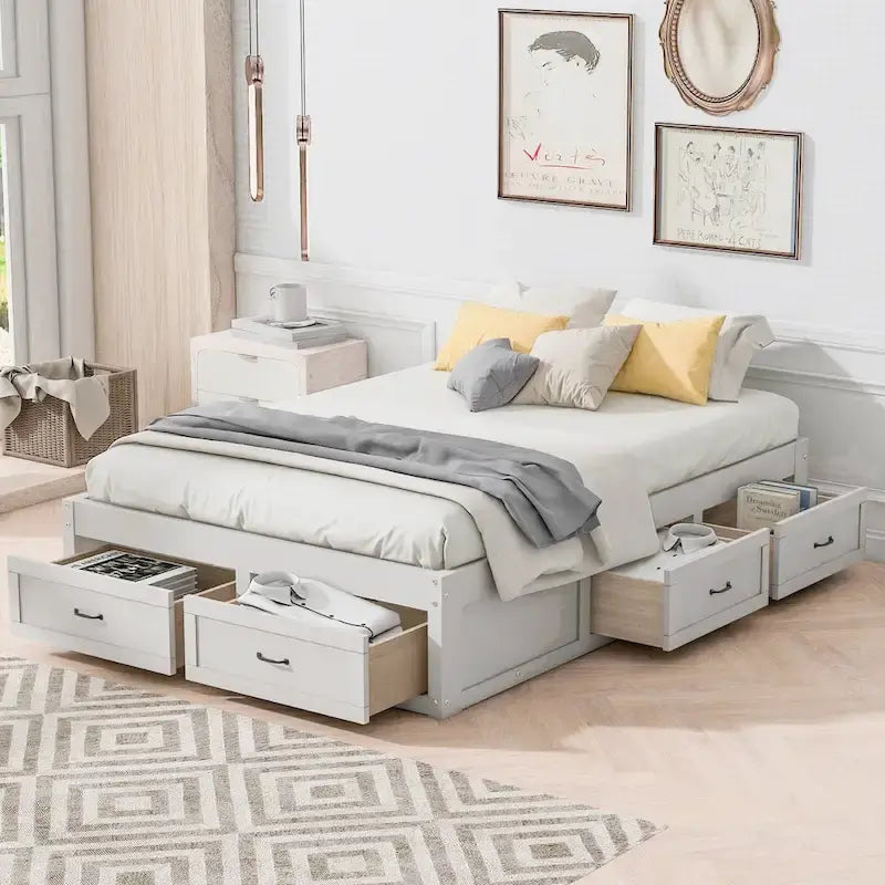 Lit plateforme double avec 6 tiroirs de rangement, blanc antique, design élégant pour une chambre bien rangée