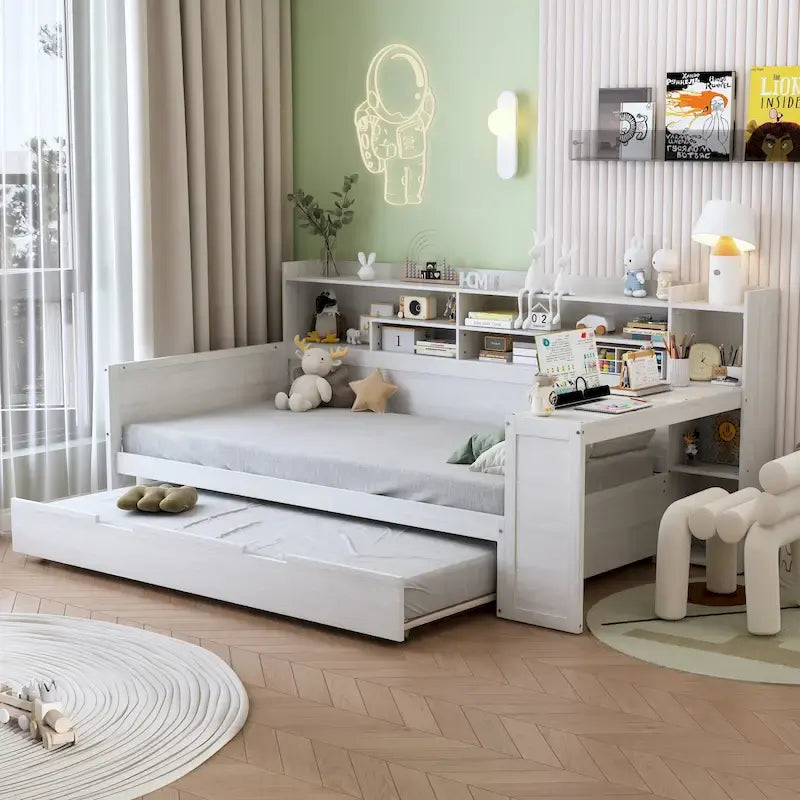 Lit de jour double avec étagères, lit gigogne et bureau