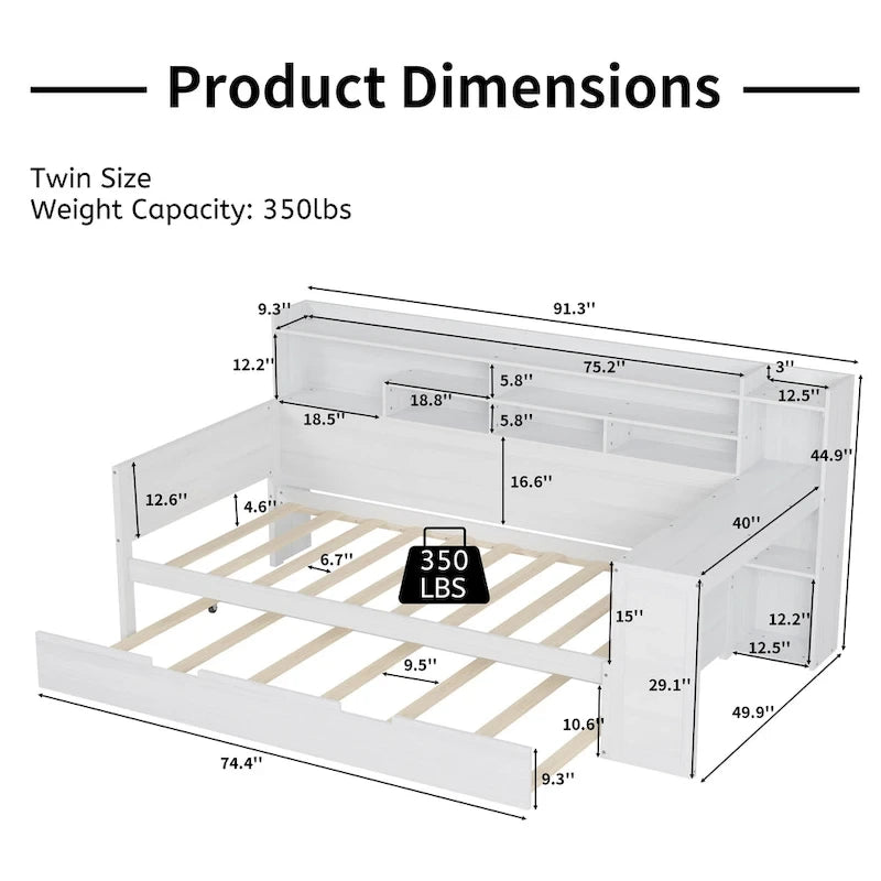 Lit de jour double avec étagères, lit gigogne et bureau