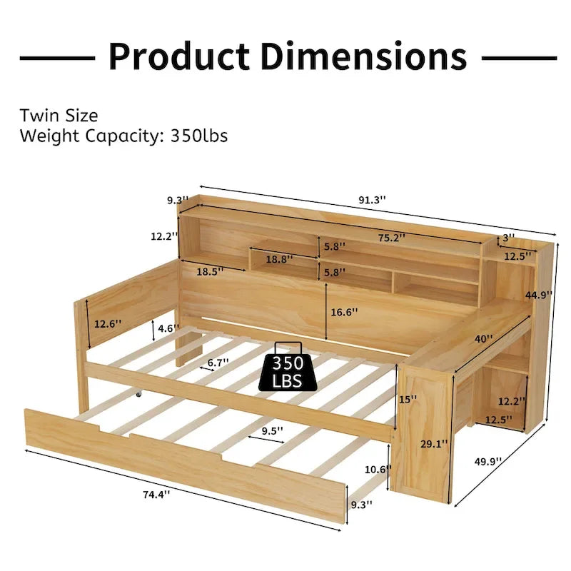 Lit de jour double avec étagères, lit gigogne et bureau