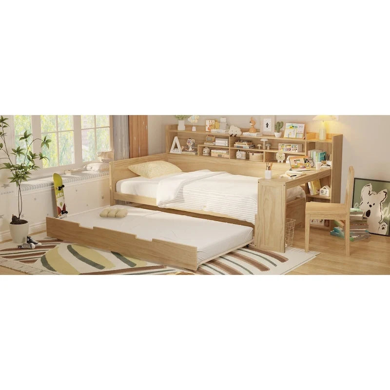 Lit de jour double avec étagères, lit gigogne et bureau