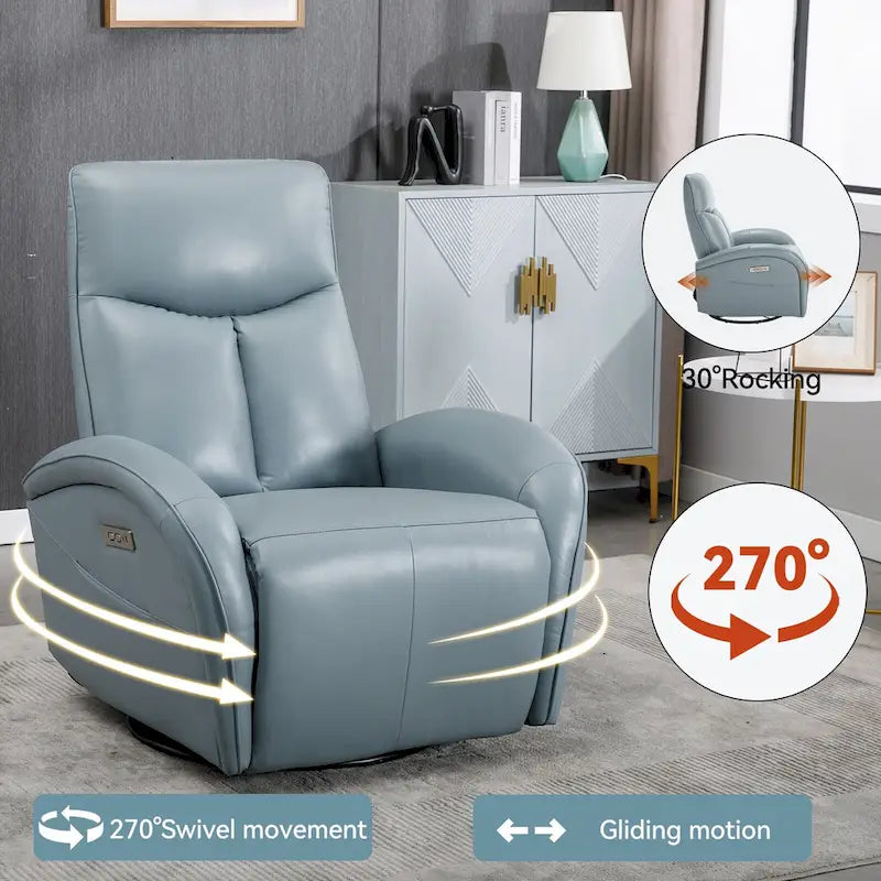 Fauteuil inclinable électrique pivotant et à bascule en cuir véritable 270 pour personnes âgées, canapé une place de salon avec soutien lombaire et accoudoirs arrondis