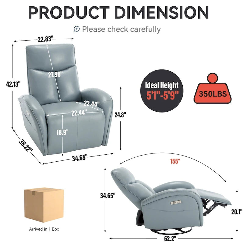 Fauteuil inclinable électrique pivotant et à bascule en cuir véritable 270 pour personnes âgées, canapé une place de salon avec soutien lombaire et accoudoirs arrondis
