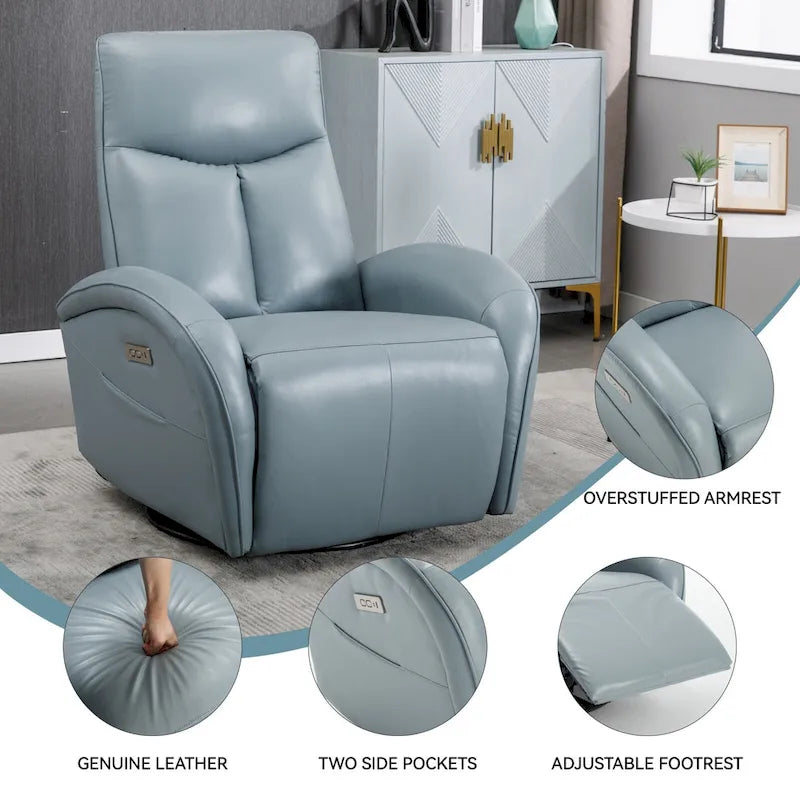 Fauteuil inclinable électrique pivotant et à bascule en cuir véritable 270 pour personnes âgées, canapé une place de salon avec soutien lombaire et accoudoirs arrondis
