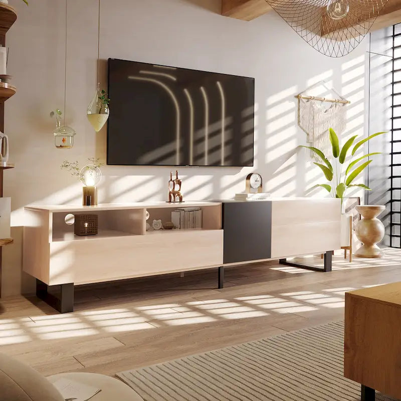 Meuble TV pour téléviseur 80 pouces avec double espace de rangement, console multimédia, centre de divertissement avec porte abattante