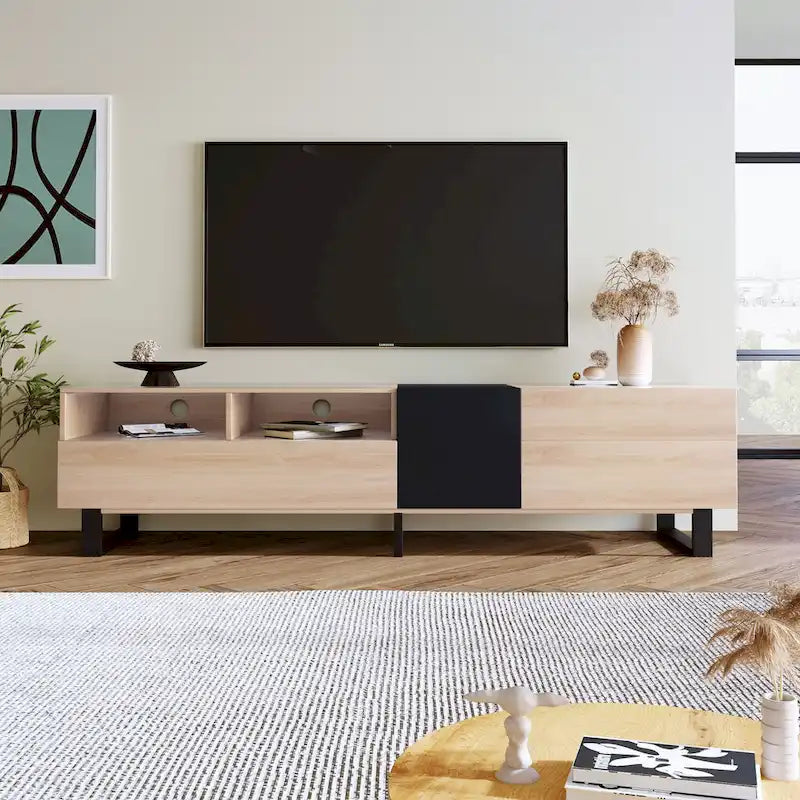 Meuble TV pour téléviseur 80 pouces avec double espace de rangement, console multimédia, centre de divertissement avec porte abattante