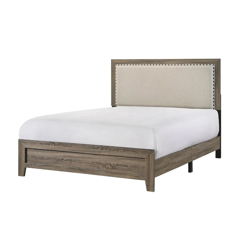 Tête de lit capitonnée en tissu gris avec garniture cloutée, lit Queen Size 1 pièce, magnifique mobilier de chambre en bois