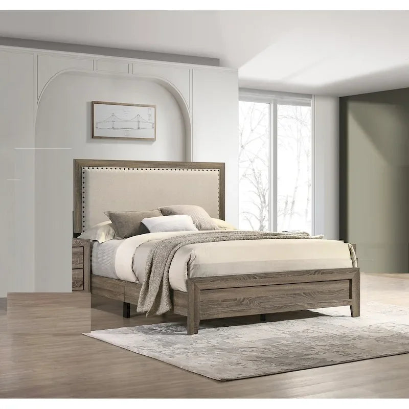 Tête de lit capitonnée en tissu gris avec garniture cloutée, lit Queen Size 1 pièce, magnifique mobilier de chambre en bois