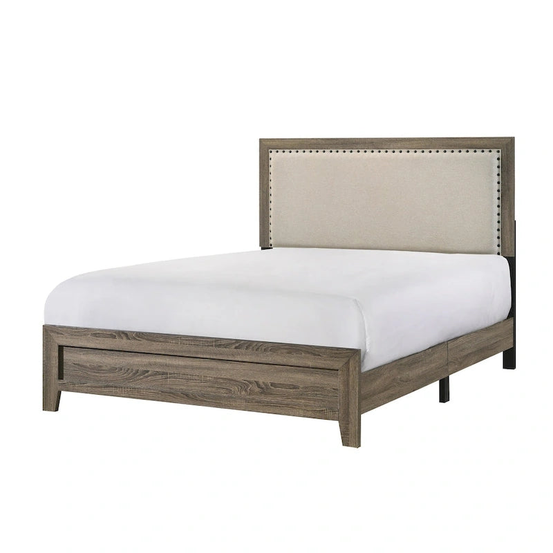 Tête de lit capitonnée en tissu gris avec garniture cloutée, lit Queen Size 1 pièce, magnifique mobilier de chambre en bois