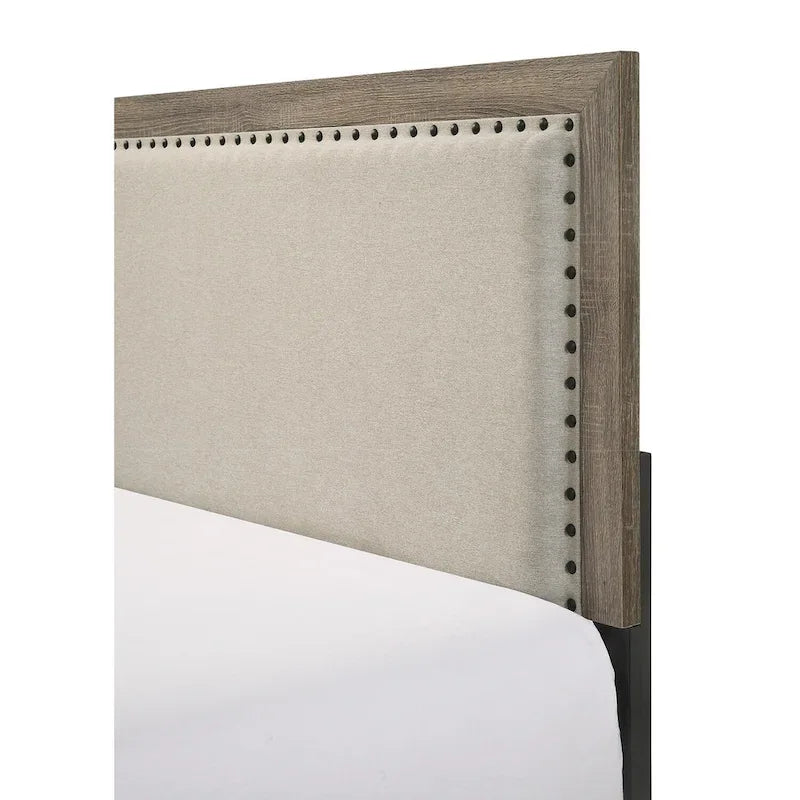 Tête de lit capitonnée en tissu gris avec garniture cloutée, lit Queen Size 1 pièce, magnifique mobilier de chambre en bois