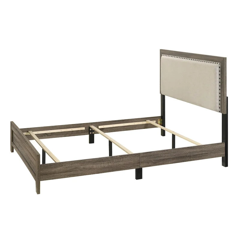 Tête de lit capitonnée en tissu gris avec garniture cloutée, lit Queen Size 1 pièce, magnifique mobilier de chambre en bois