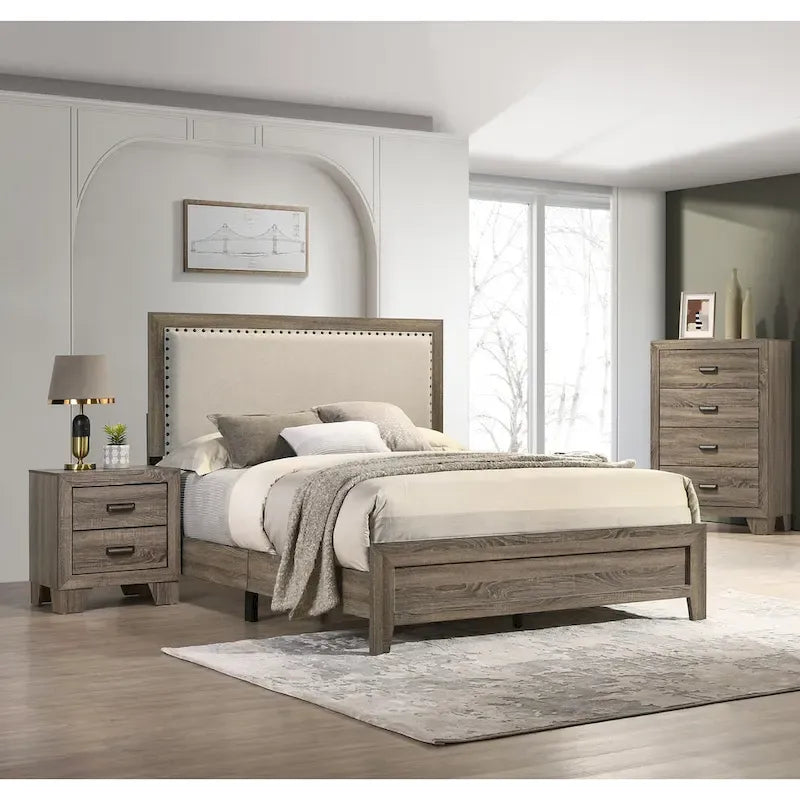 Tête de lit capitonnée en tissu gris avec garniture cloutée, lit Queen Size 1 pièce, magnifique mobilier de chambre en bois