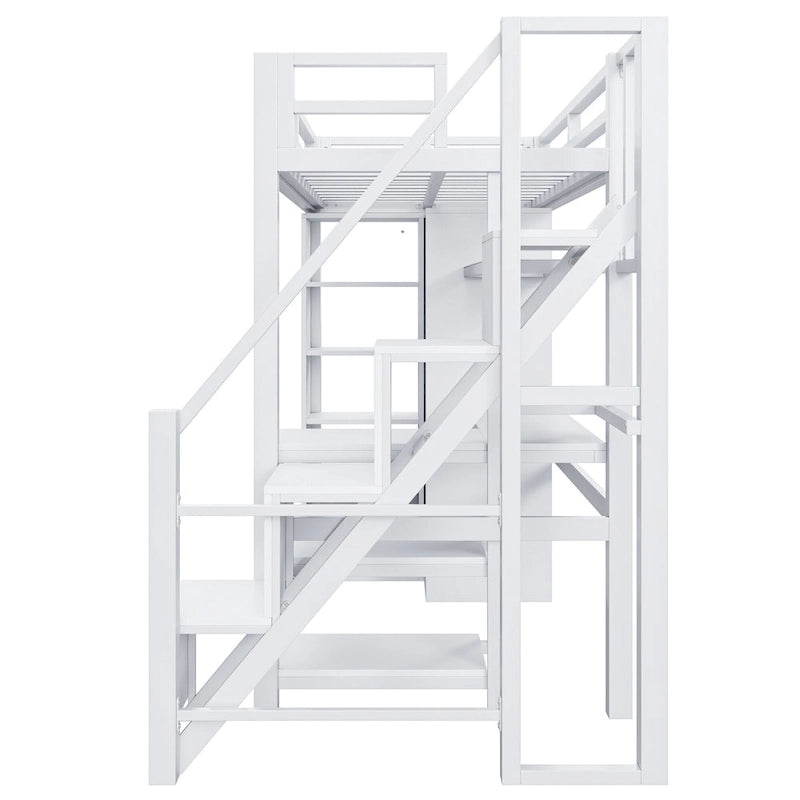 Lit mezzanine blanc avec bureau, armoire et escalier escamotable, cadre de lit mezzanine en métal avec ports USB et étagère à 5 niveaux pour adultes et enfants