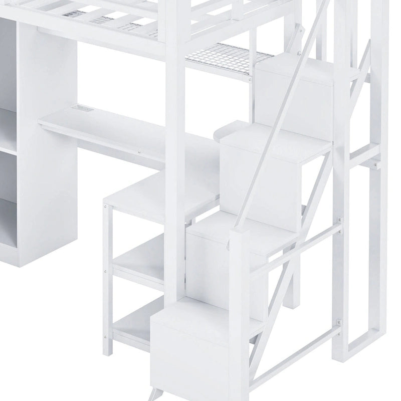 Lit mezzanine blanc avec bureau, armoire et escalier escamotable, cadre de lit mezzanine en métal avec ports USB et étagère à 5 niveaux pour adultes et enfants