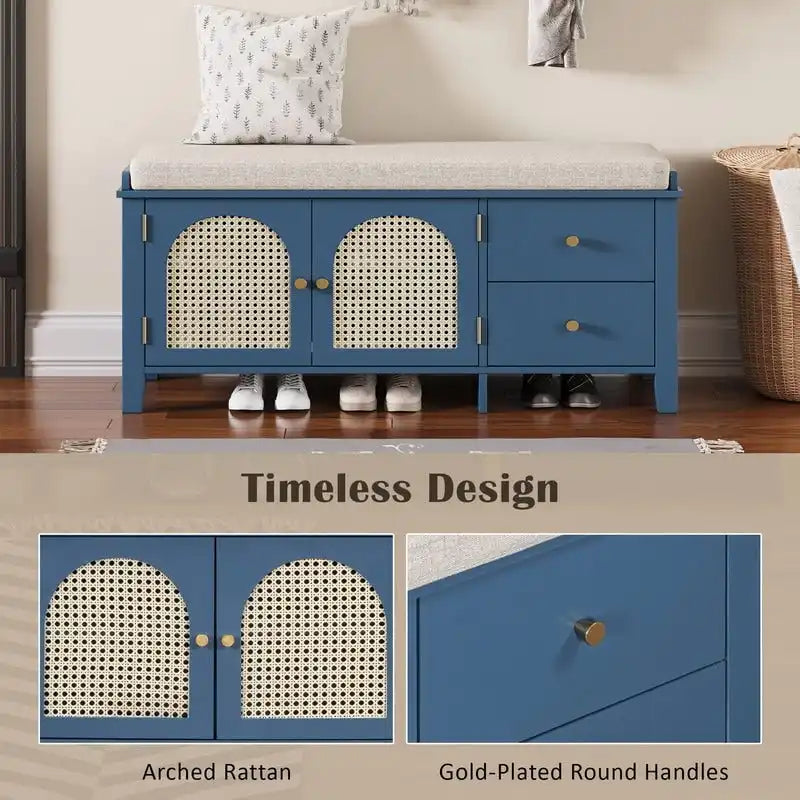 Banc de rangement à chaussures rétro avec tiroirs et coussin, idéal pour l'entrée ou le salon.