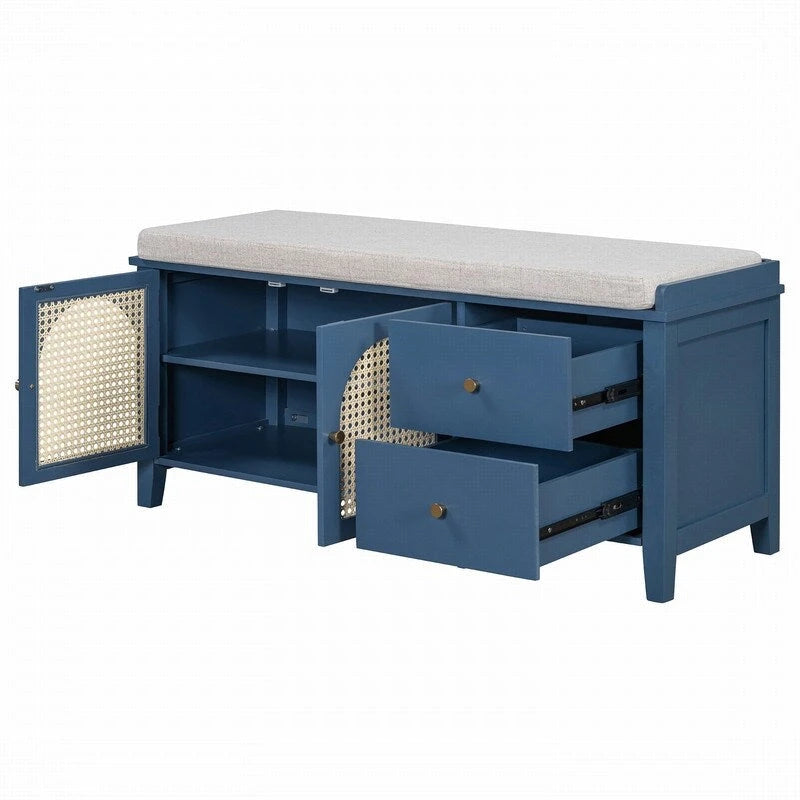 Banc de rangement à chaussures rétro avec tiroirs et coussin, idéal pour l'entrée ou le salon.