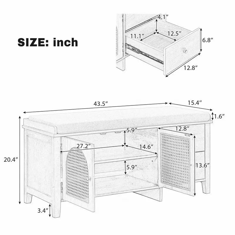 Banc de rangement à chaussures rétro avec tiroirs et coussin, idéal pour l'entrée ou le salon.