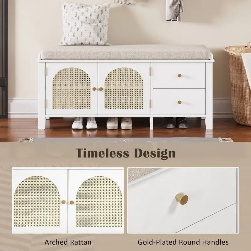 Banc de rangement à chaussures rétro avec tiroirs et coussin, idéal pour l'entrée ou le salon.