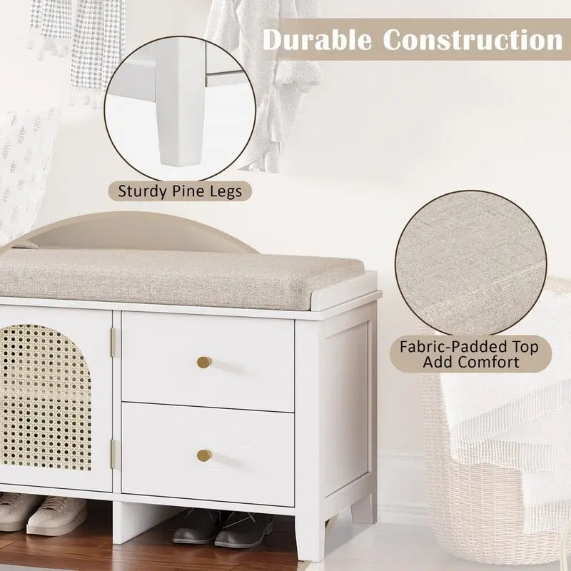 Banc de rangement à chaussures rétro avec tiroirs et coussin, idéal pour l'entrée ou le salon.