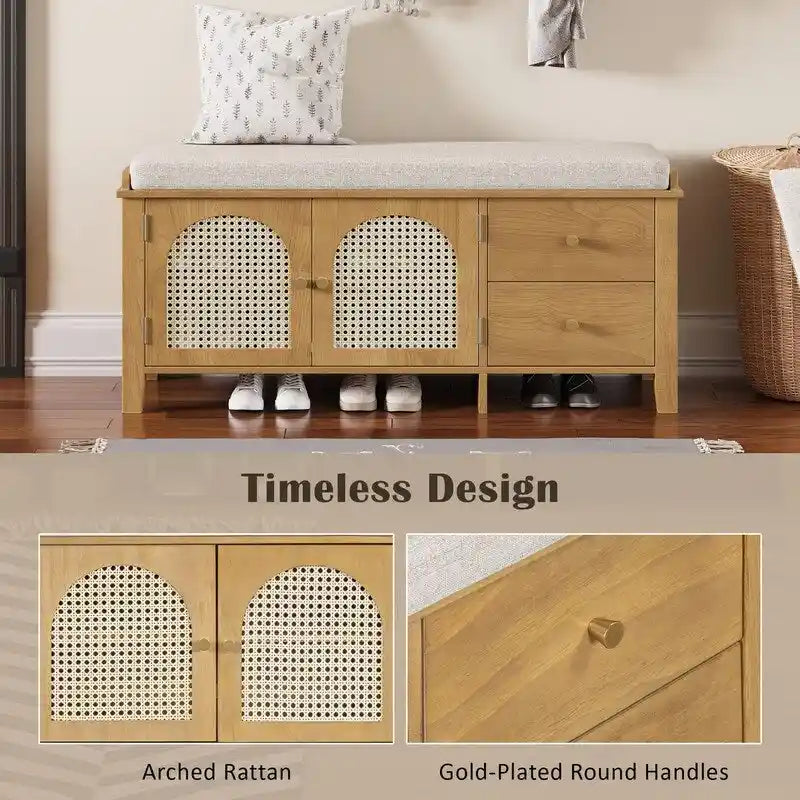 Banc de rangement à chaussures rétro avec tiroirs et coussin, idéal pour l'entrée ou le salon.