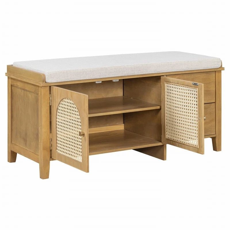 Banc de rangement à chaussures rétro avec tiroirs et coussin, idéal pour l'entrée ou le salon.