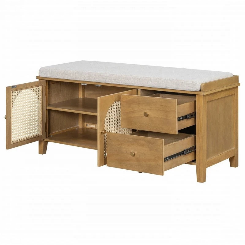 Banc de rangement à chaussures rétro avec tiroirs et coussin, idéal pour l'entrée ou le salon.
