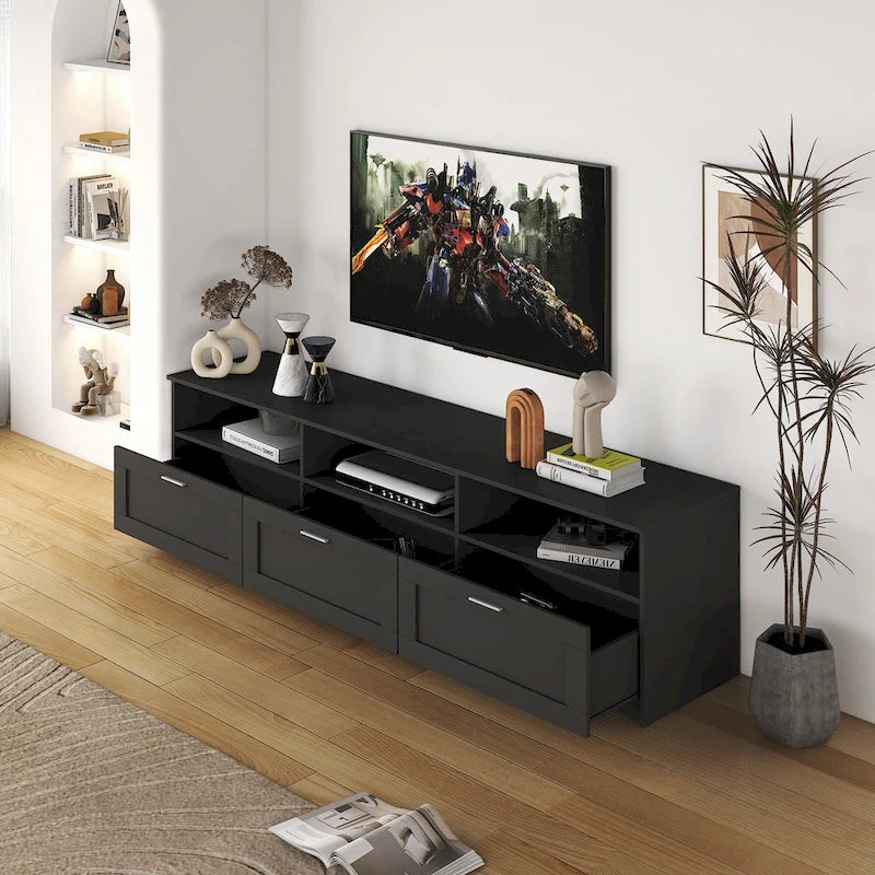 Meuble TV noir 70,87 avec 3 espaces de rangement ouverts et 3 tiroirs pour salon
