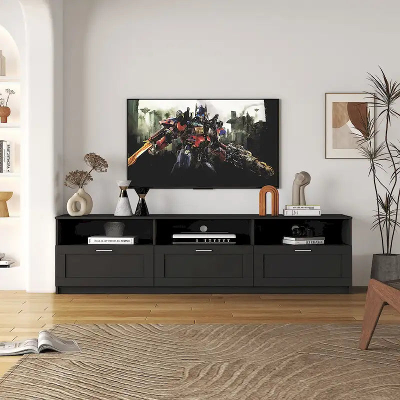 Meuble TV noir 70,87 avec 3 espaces de rangement ouverts et 3 tiroirs pour salon