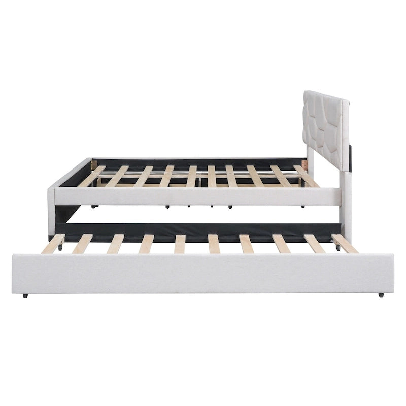 Lit plateforme beige en lin, taille standard, avec tête de lit à motif brique, lit gigogne et tiroirs de rangement