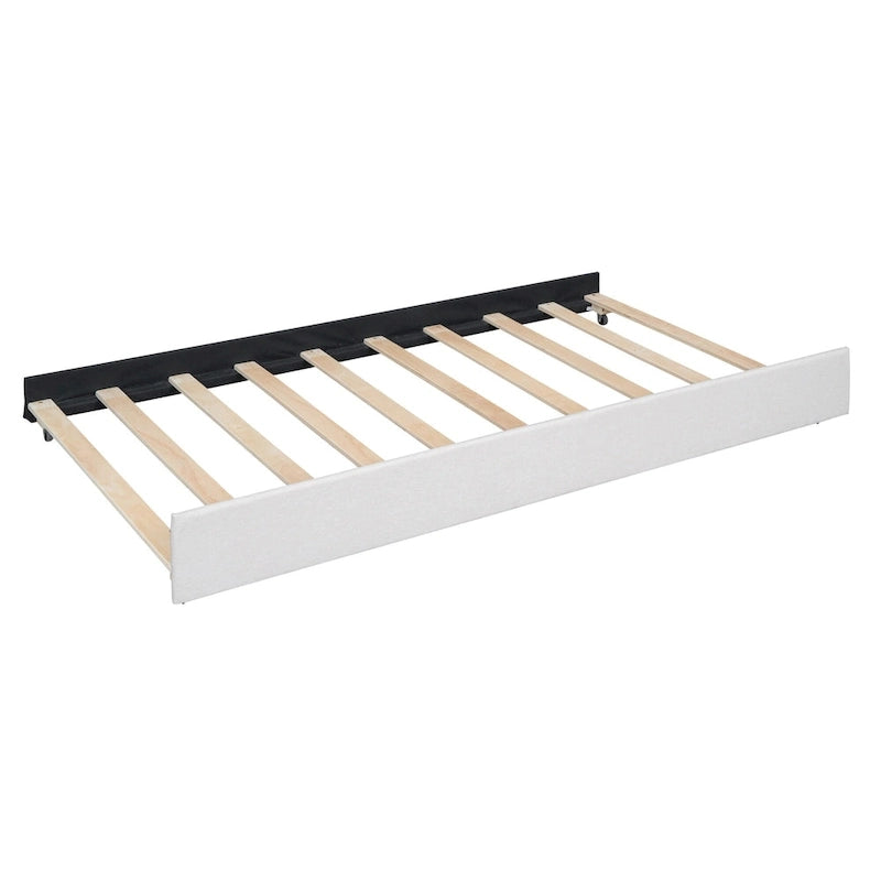 Lit plateforme beige en lin, taille standard, avec tête de lit à motif brique, lit gigogne et tiroirs de rangement