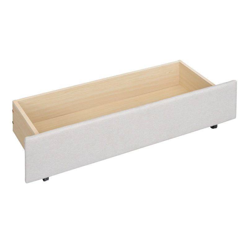 Lit plateforme beige en lin, taille standard, avec tête de lit à motif brique, lit gigogne et tiroirs de rangement
