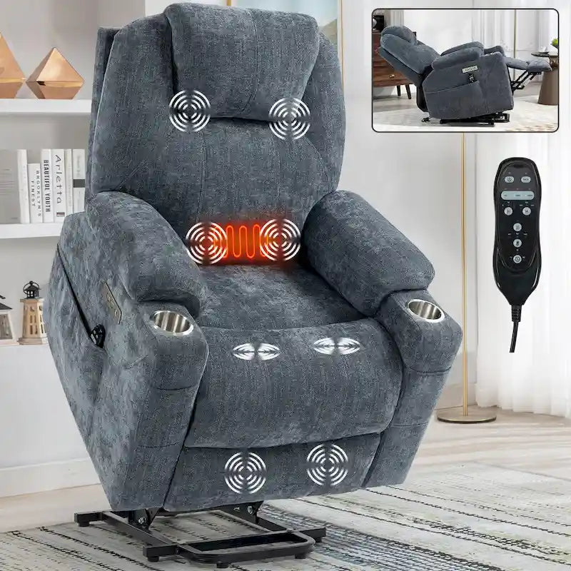 Fauteuil inclinable Blue Lift avec massage à 8 points, chauffage lombaire, deux ports USB et porte-gobelets en acier inoxydable